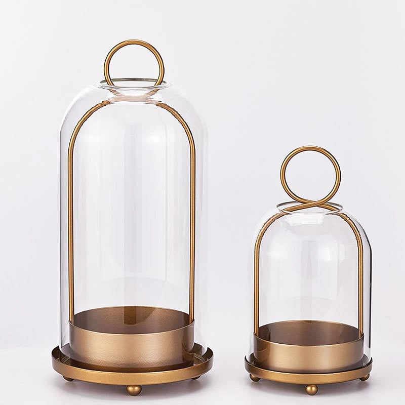 Metal Candle Holder with Glass Dome, Pillar Candle Hurricane for Table and Mantel, Gold or Black, Small or Large