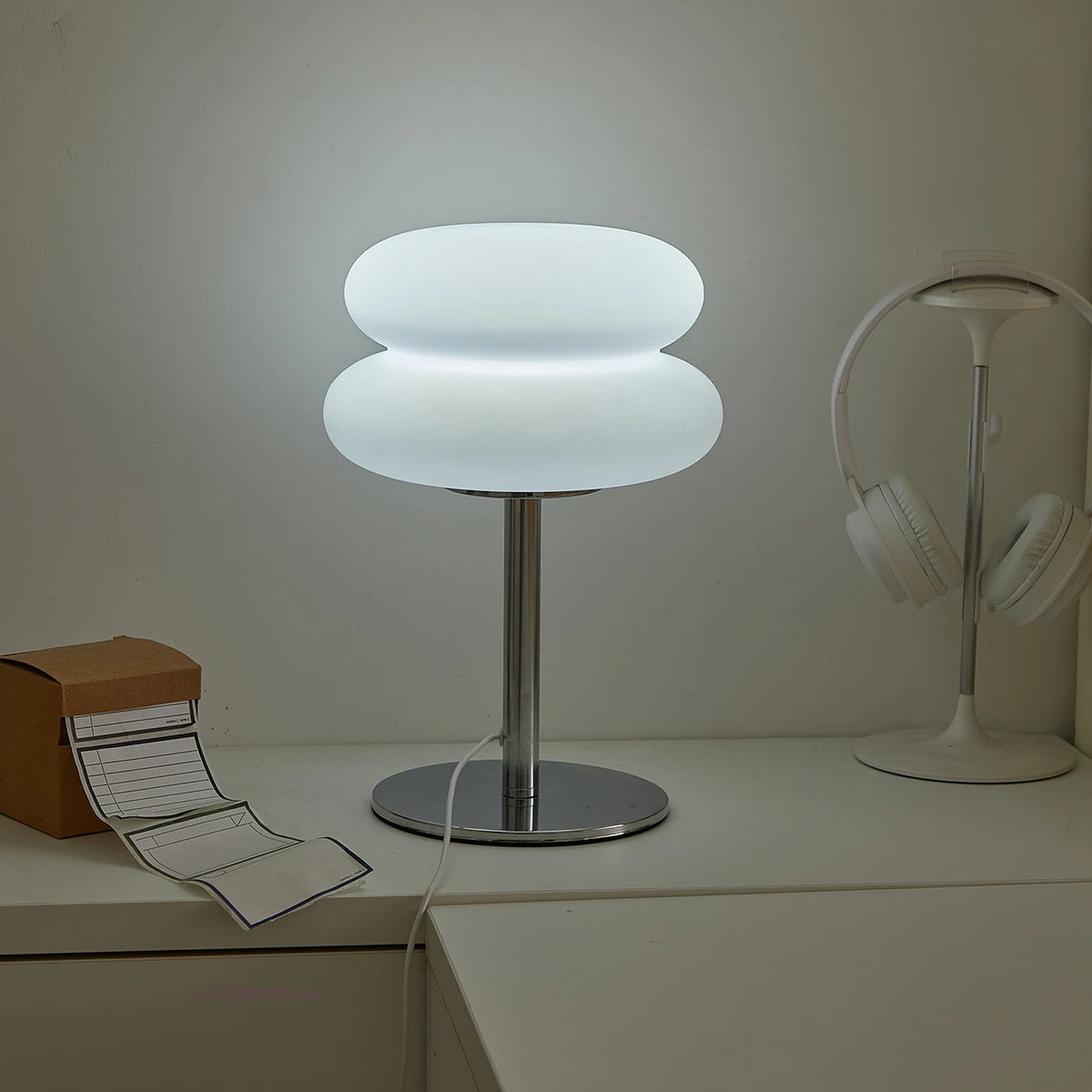 Bauhaus Mushroom Table Lamp, Dimmable Layered Bedside Light with Chrome Stand for Bedroom and Living Room, White or Orange