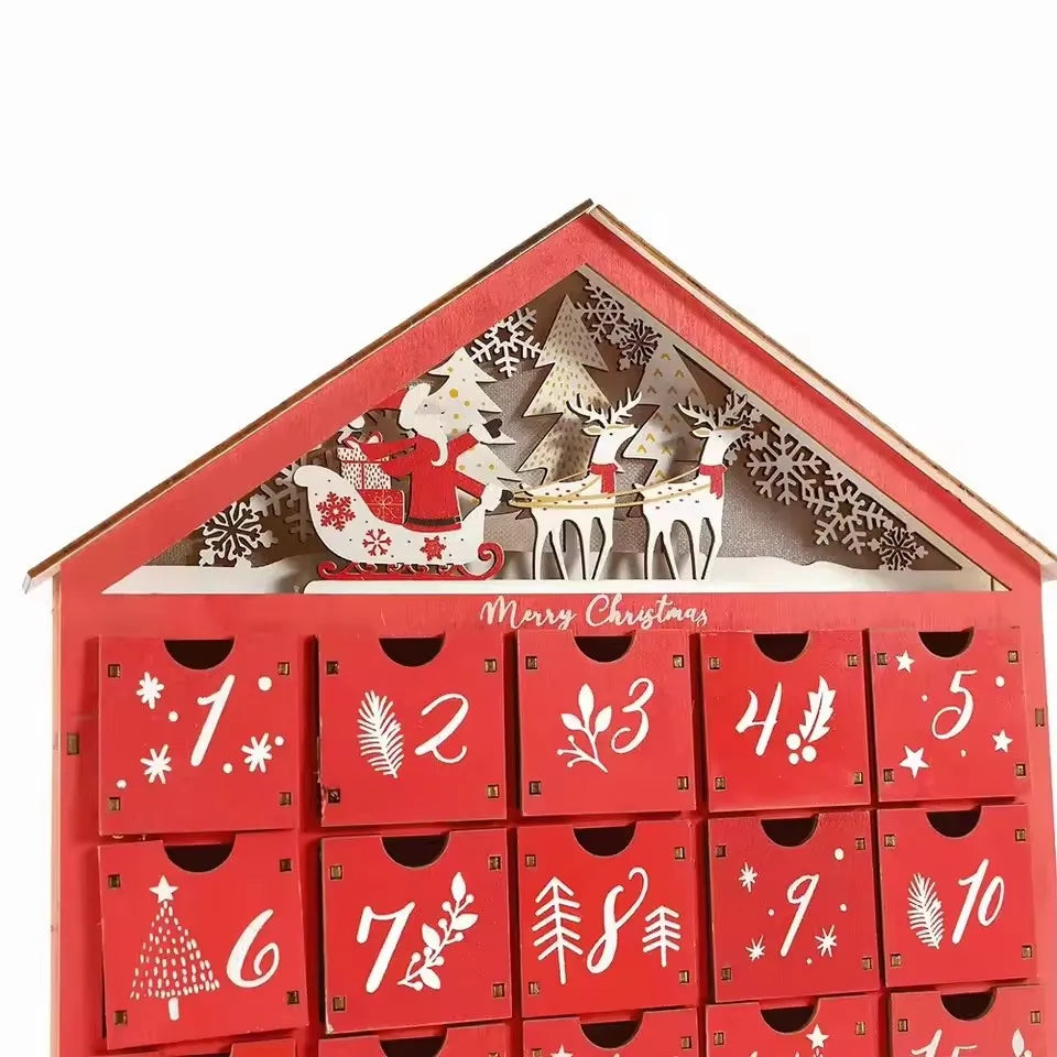 Wooden Advent Calendar House with 24 Drawers, Refillable Christmas Countdown for Mantel, Shelf and Kids’ Rooms, Red or Natural White