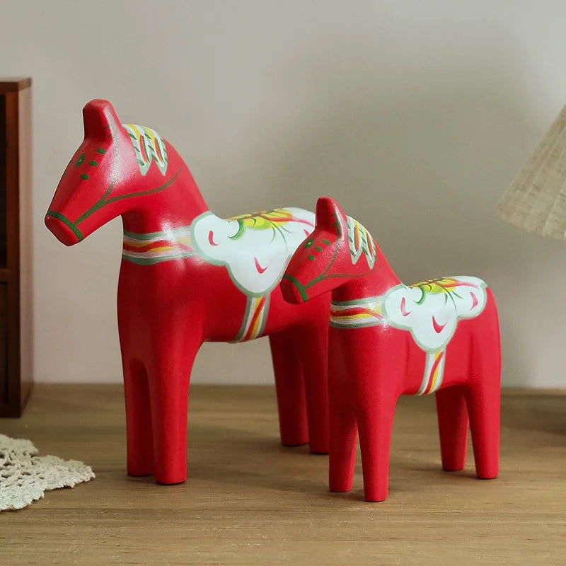 Hand-Painted Wooden Dala Horses Set of 2, Red Swedish Horse Figurines for Shelf, Mantel and Christmas Table