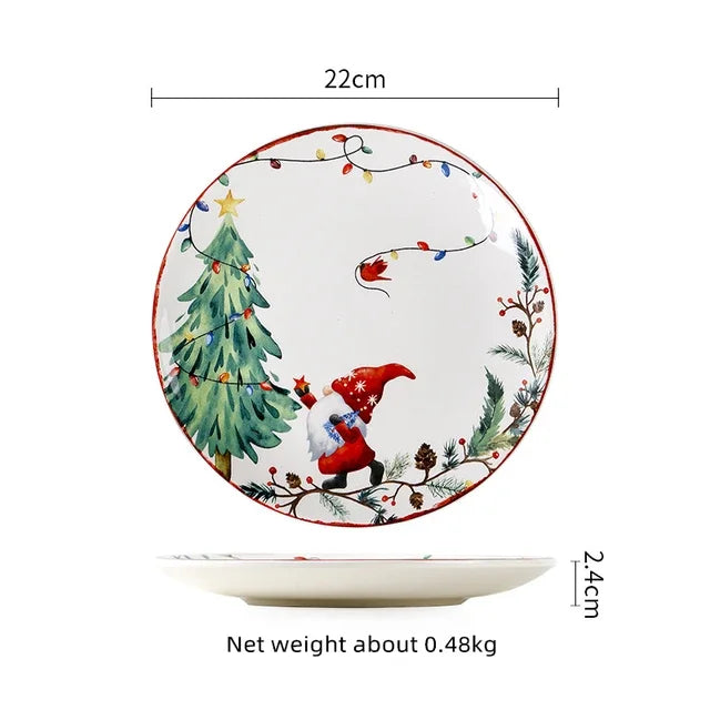 Christmas Ceramic Dinner Plates, Underglaze Holiday Plates for Christmas Dinner and Desserts, Four Designs