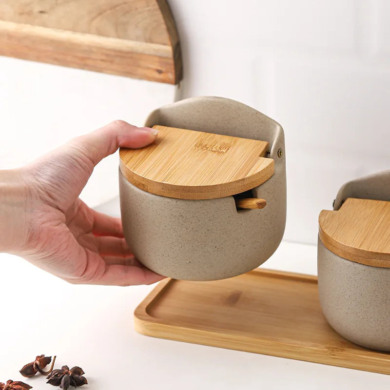 Ceramic Jars with Wood-Tone Lids, Kitchen Canisters for Sugar, Salt, Coffee and Tea, Single Jar or Set of 2 or 3 with Tray