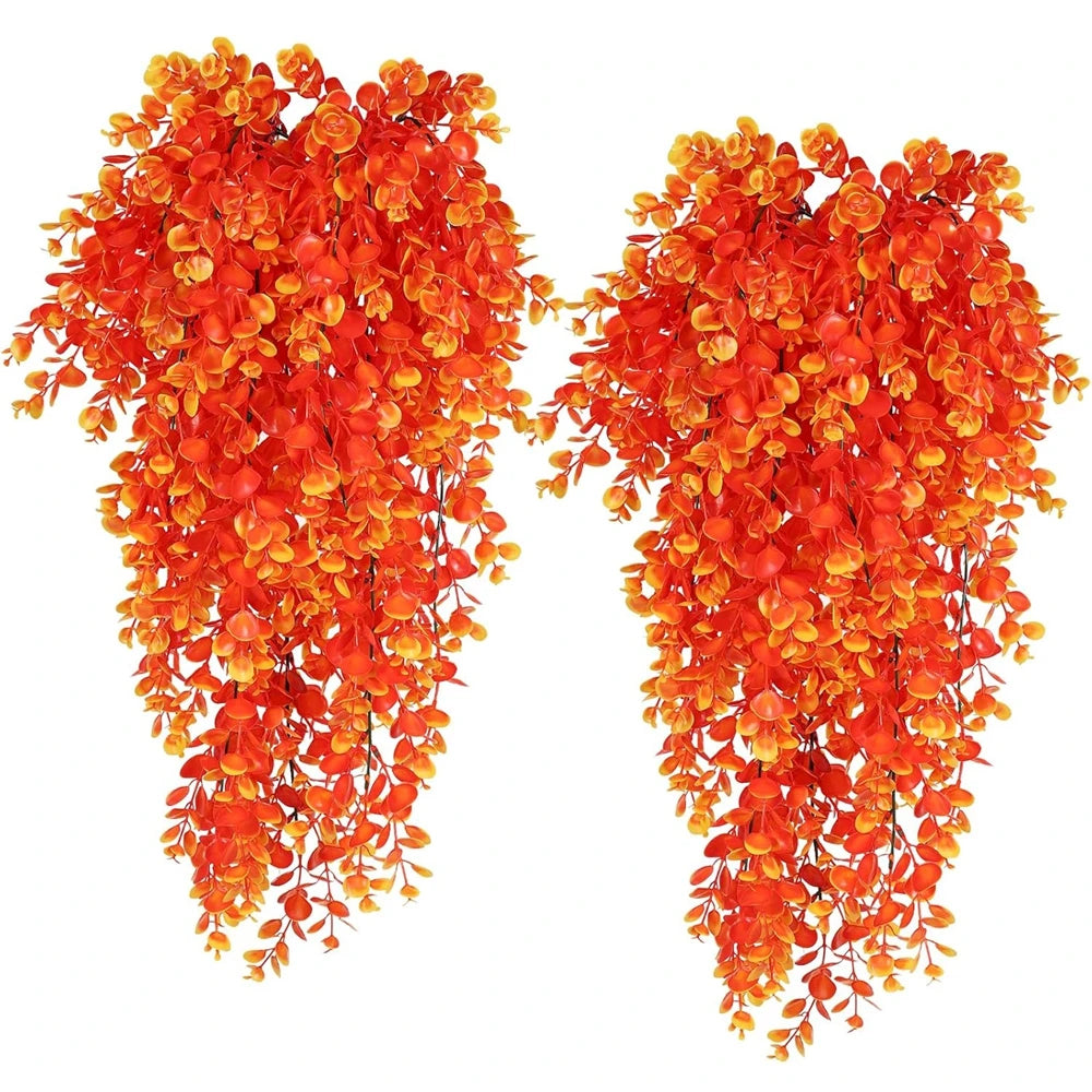 Artificial Eucalyptus Vine Set of 2, Faux Greenery Garland for Wall, Shelf and Mantel, Green, Rust or Orange