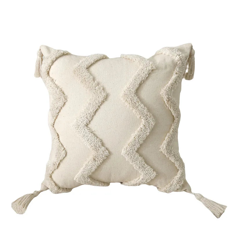 Tufted Cotton Pillow Cover with Tassels, Retro Textured Throw Pillow Case for Sofa and Bed, 45 x 45 cm, Zigzag, Diamond or Lattice