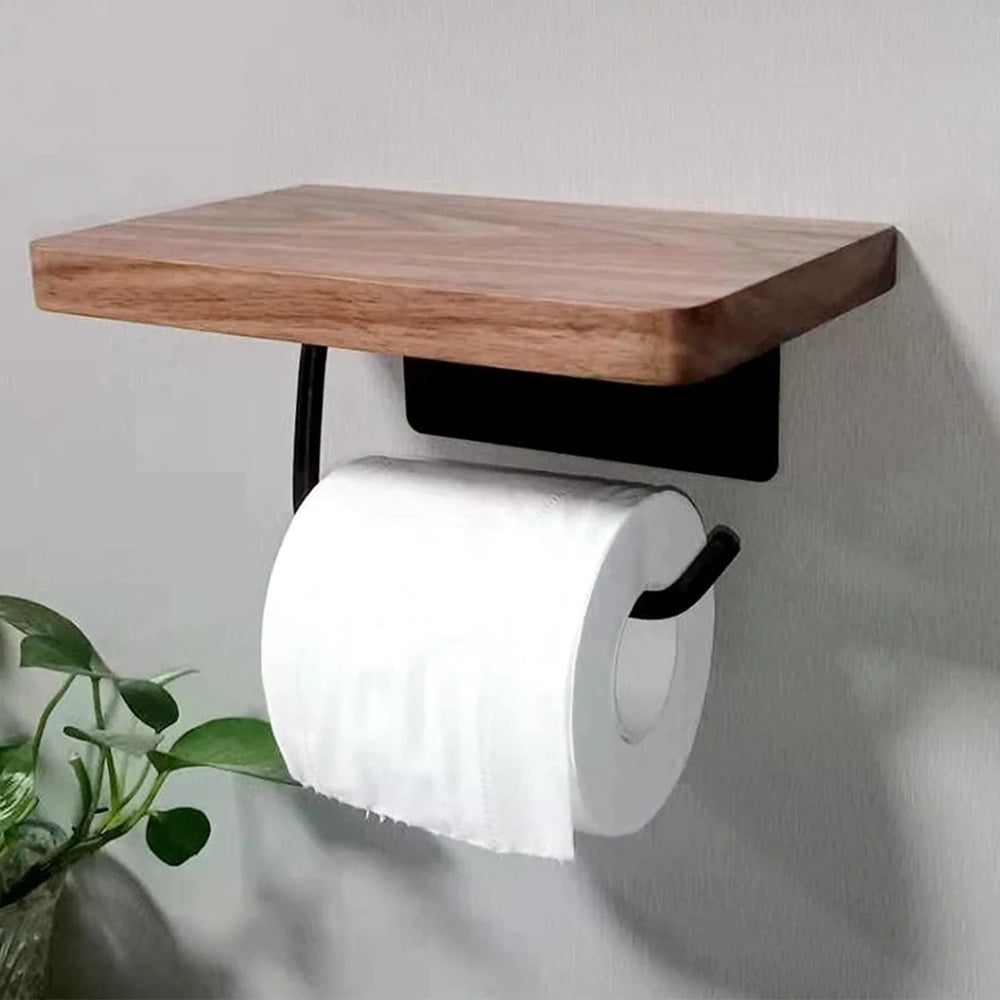Walnut Shelf Toilet Paper Holder, Wall Mounted Tissue Roll Bar with Matte Black Steel Arm for Bathroom