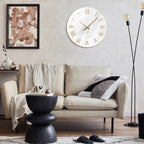 Marble-Look Glass Wall Clock, 35 cm Silent Clock with Gold Roman Numerals for Living Room and Bedroom