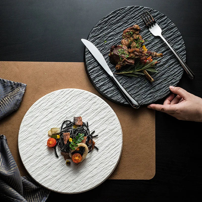 Stone Grain Ceramic Dinner Plate, Rustic Stoneware-Look Serving Plate for Steak, Pasta and Salad, Black or White, Two Sizes