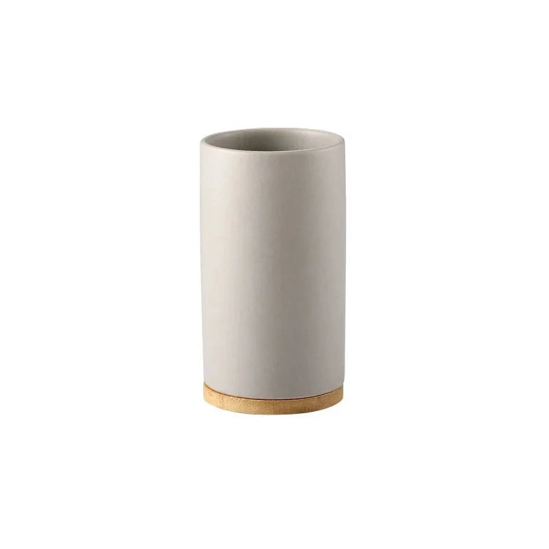 Ceramic Bathroom Accessories Set, Soap Dispenser and Tumbler on a Wooden Tray for Bathroom Counter, White, Grey or Black