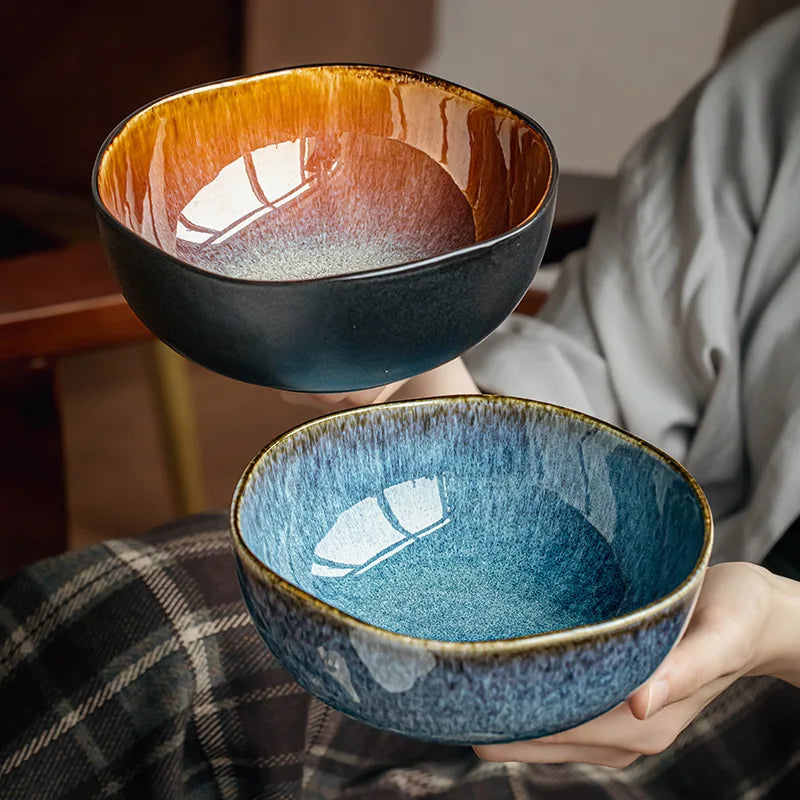 Asymmetric Ceramic Bowl, 16.5 cm Reactive Glaze Bowl for Noodles, Salad and Serving, Black or Blue