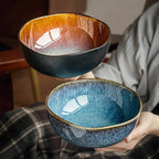 Asymmetric Ceramic Bowl, 16.5 cm Reactive Glaze Bowl for Noodles, Salad and Serving, Black or Blue