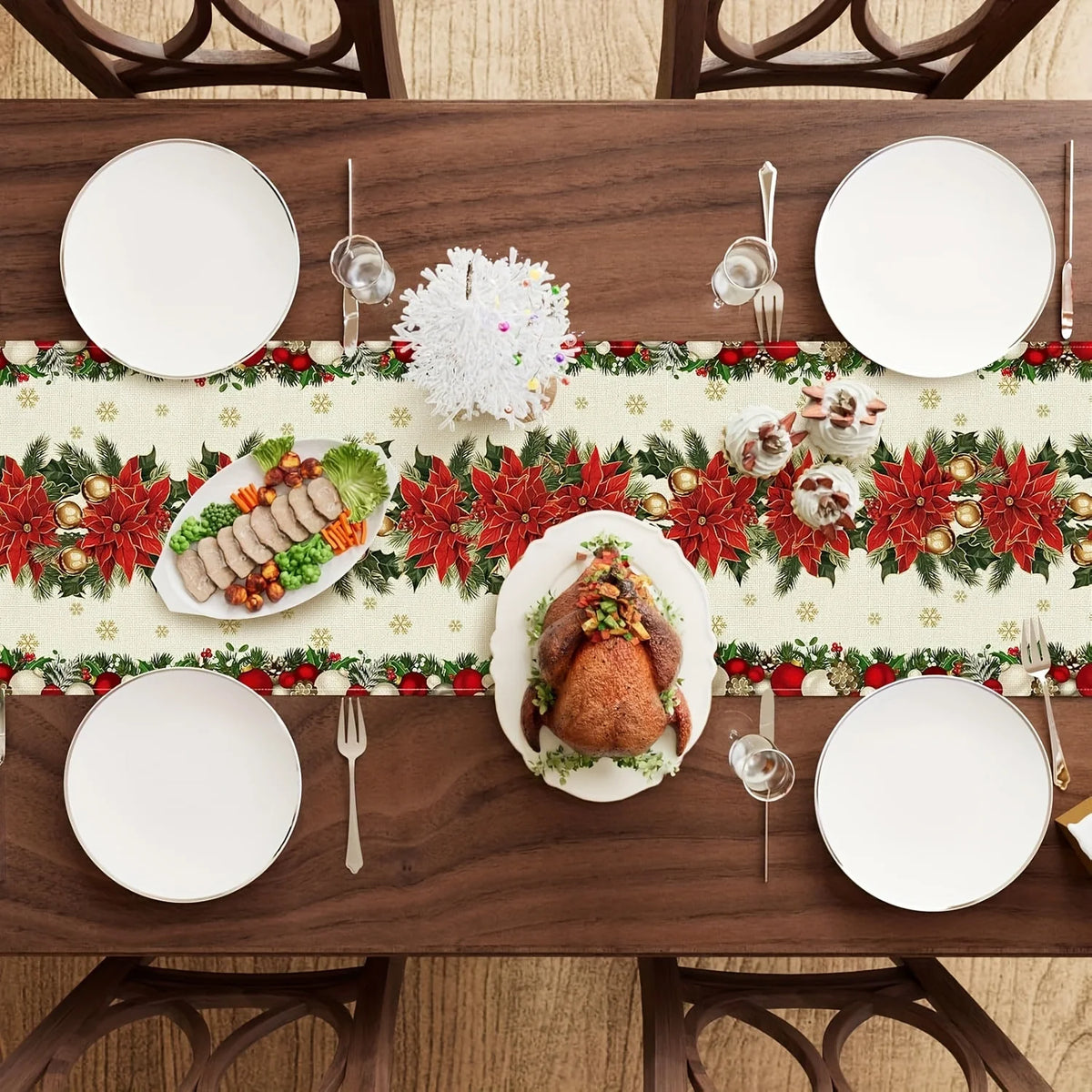 Christmas table runner with poinsettias