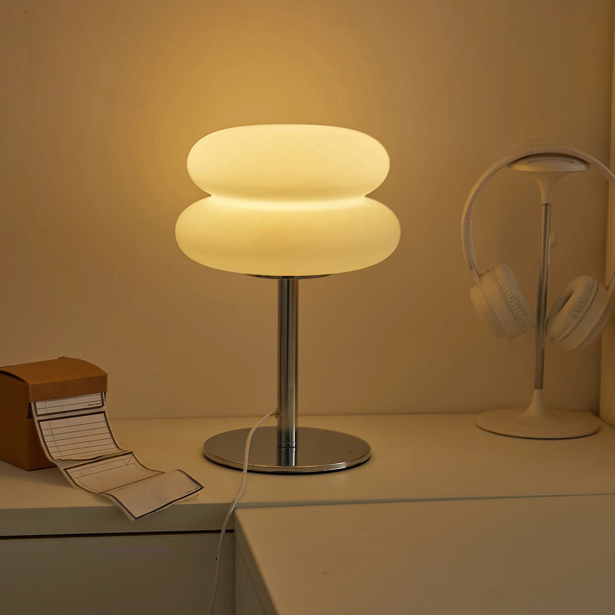 Bauhaus Mushroom Table Lamp, Dimmable Layered Bedside Light with Chrome Stand for Bedroom and Living Room, White or Orange
