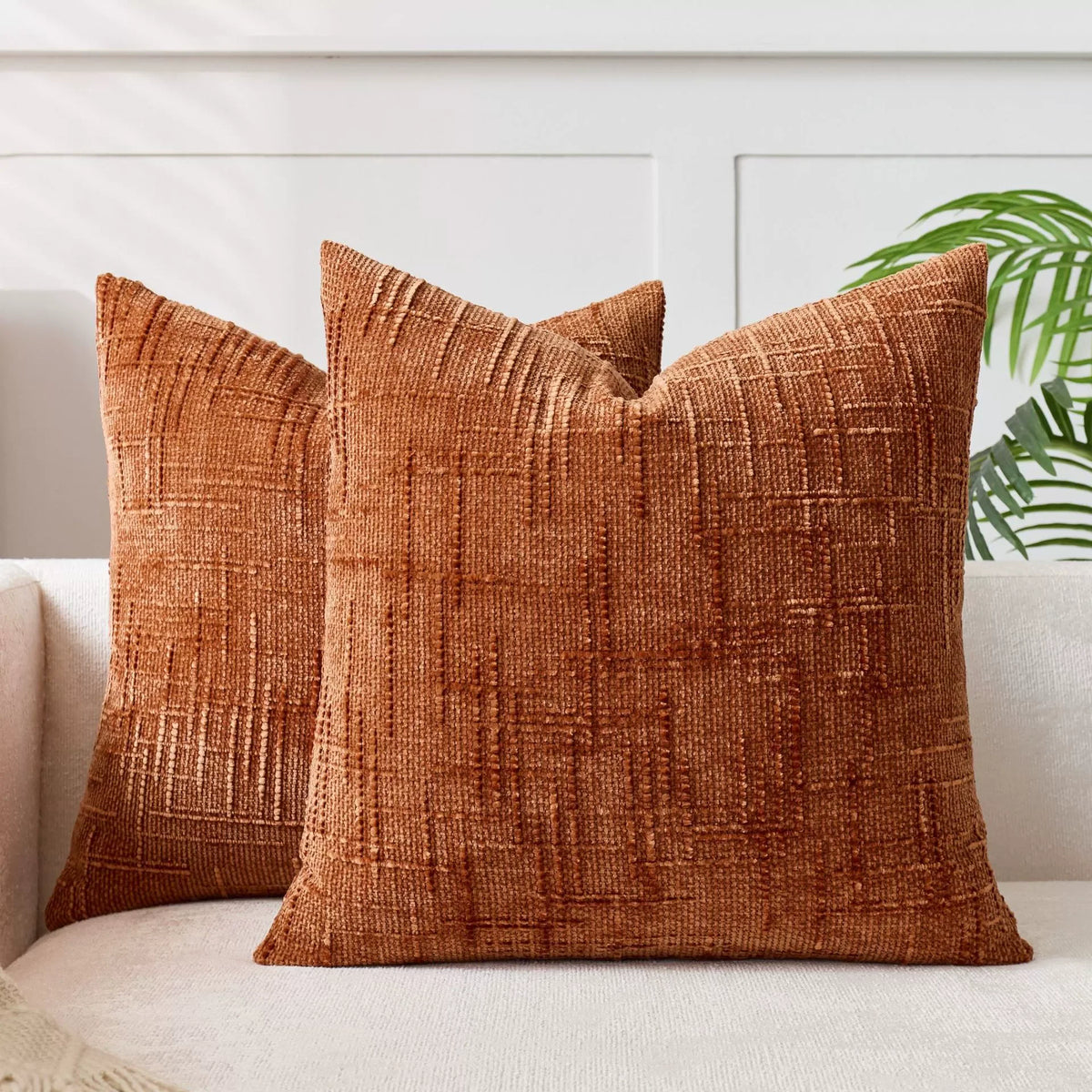 Textured Woven Pillow Covers Set of 2, Neutral Farmhouse Throw Pillow Cases for Sofa and Bed, 45 x 45 cm, Beige, Camel, Dark Green or Brick Red