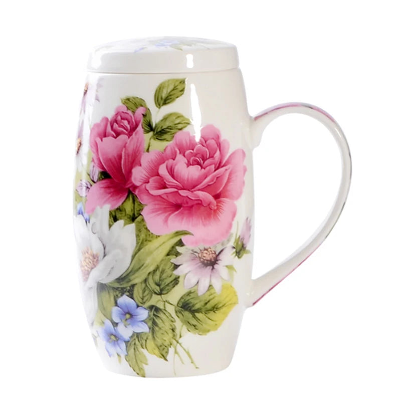 Large Bone China Mug with Lid, 700 ml Floral Tea and Coffee Mug, Peony, Magnolia, Camellia or Grey Leaf