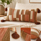 Chenille Jacquard Pillow Cover with Tassels, Boho Geometric Throw Pillow Case for Sofa and Bed, Square or Lumbar