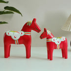 Hand-Painted Wooden Dala Horses Set of 2, Red Swedish Horse Figurines for Shelf, Mantel and Christmas Table