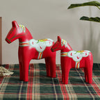 Hand-Painted Wooden Dala Horses Set of 2, Red Swedish Horse Figurines for Shelf, Mantel and Christmas Table