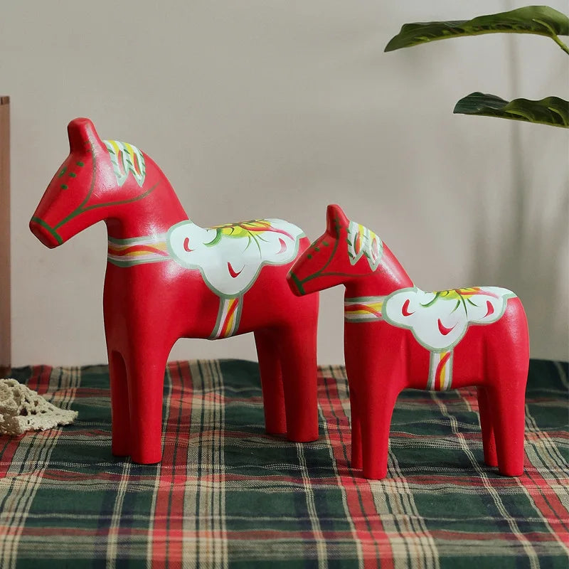 Hand-Painted Wooden Dala Horses Set of 2, Red Swedish Horse Figurines for Shelf, Mantel and Christmas Table