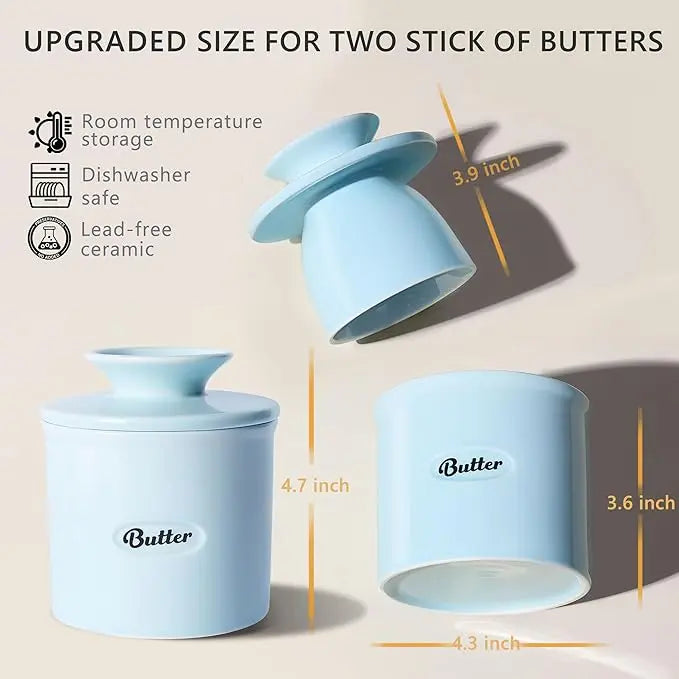 French Butter Crock with Lid, Ceramic Butter Keeper that Keeps Butter Soft on the Counter, White, Black or Light Blue