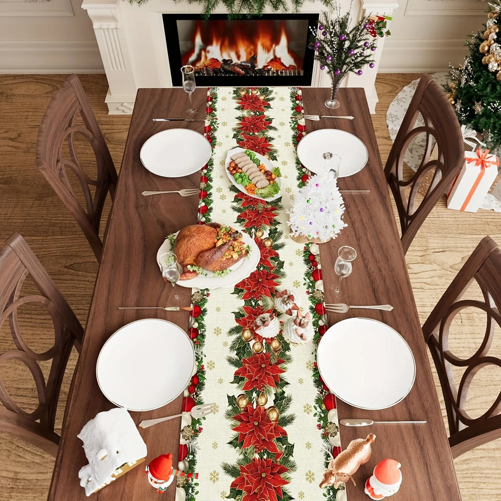 Christmas table runner with poinsettias