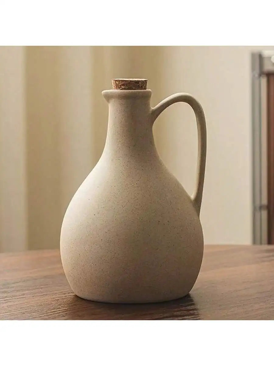 Ceramic Oil Bottle with Cork Stopper, Round Pottery Dispenser for Olive Oil and Vinegar, 500 ml, 600 ml or Set of 2