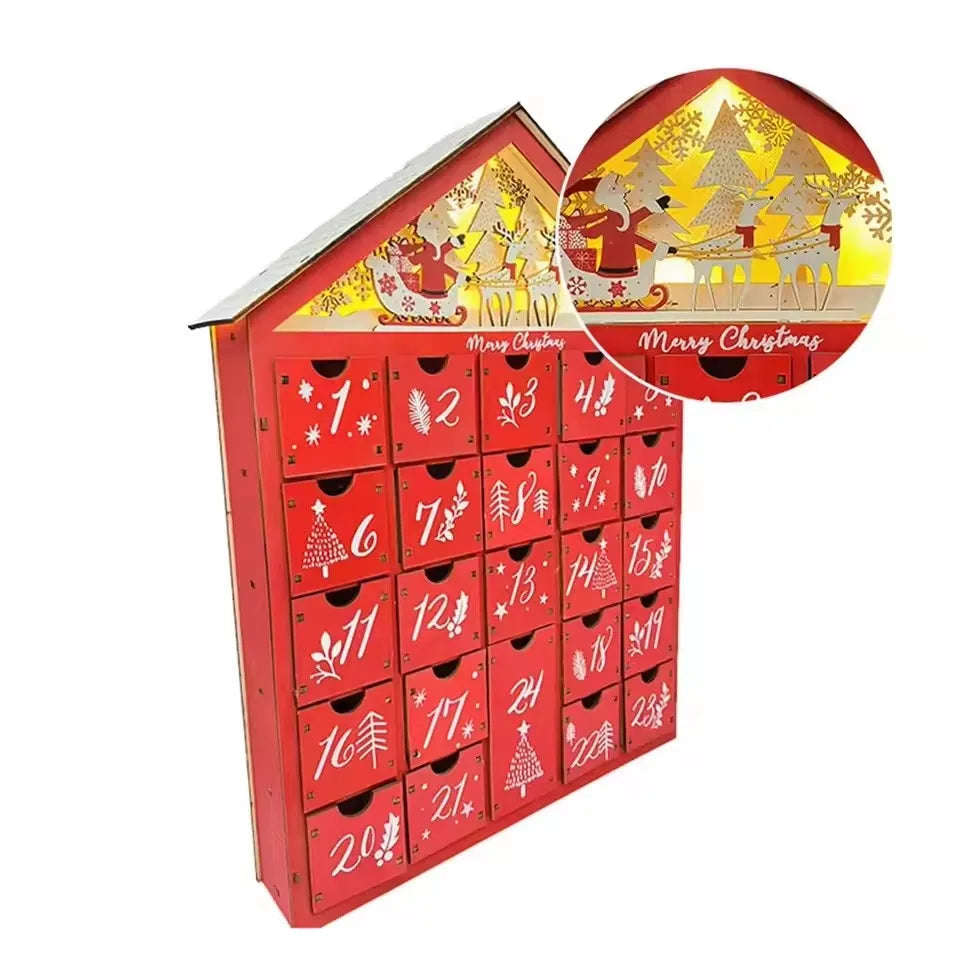 Wooden Advent Calendar House with 24 Drawers, Refillable Christmas Countdown for Mantel, Shelf and Kids’ Rooms, Red or Natural White