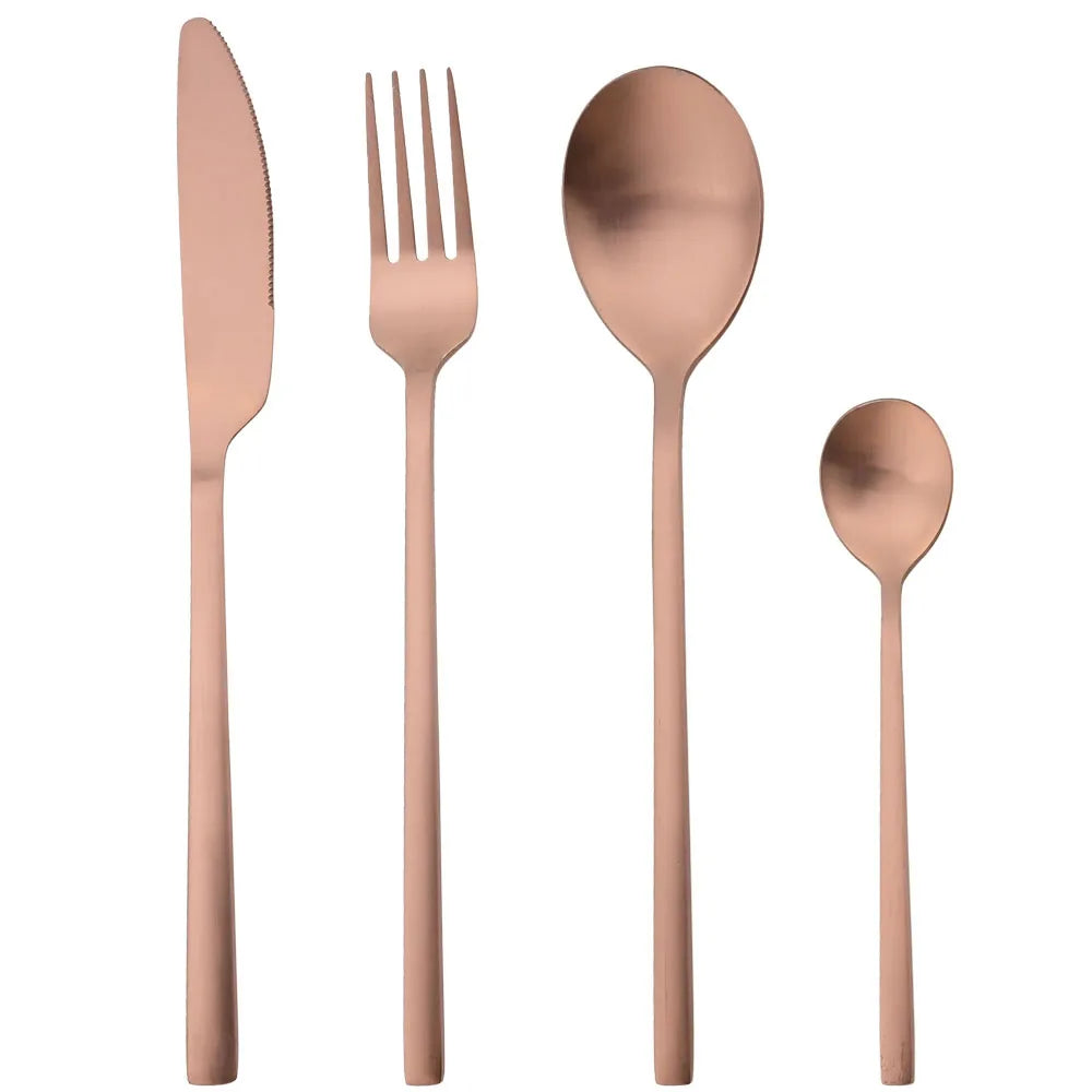 Matte Stainless Steel Cutlery Set of 4, Knife, Fork, Spoon and Teaspoon, Gold, Silver, Black or Rose Gold
