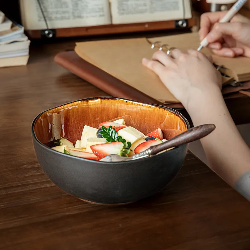 Asymmetric Ceramic Bowl, 16.5 cm Reactive Glaze Bowl for Noodles, Salad and Serving, Black or Blue
