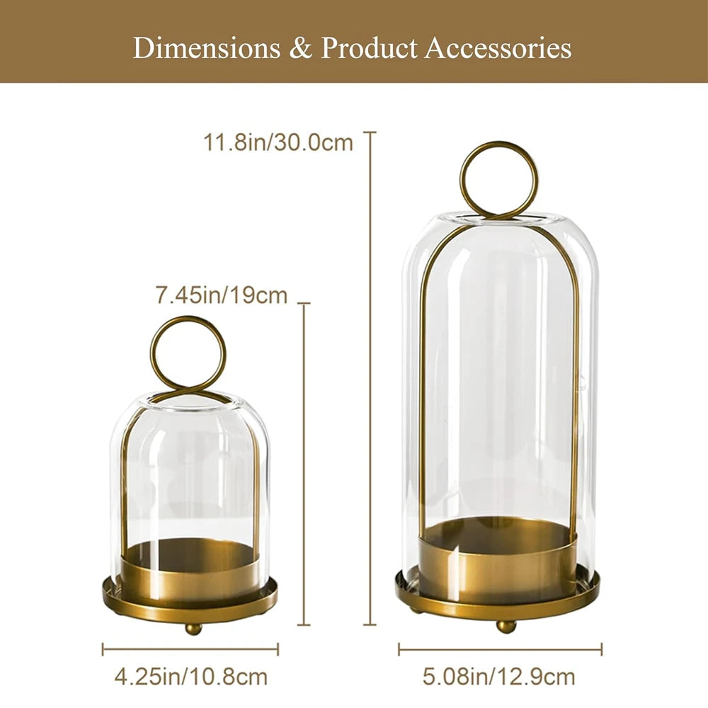 Metal Candle Holder with Glass Dome, Pillar Candle Hurricane for Table and Mantel, Gold or Black, Small or Large