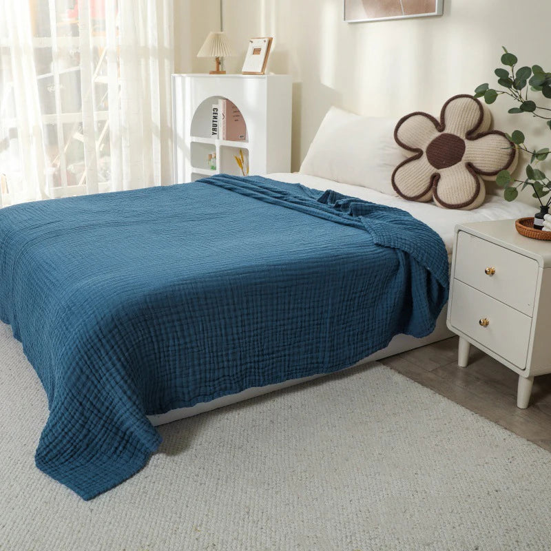 Cotton Muslin Throw Blanket, 6-Layer Lightweight Breathable Throw for Sofa and Bed, Sage Green, White or Blue, Three Sizes