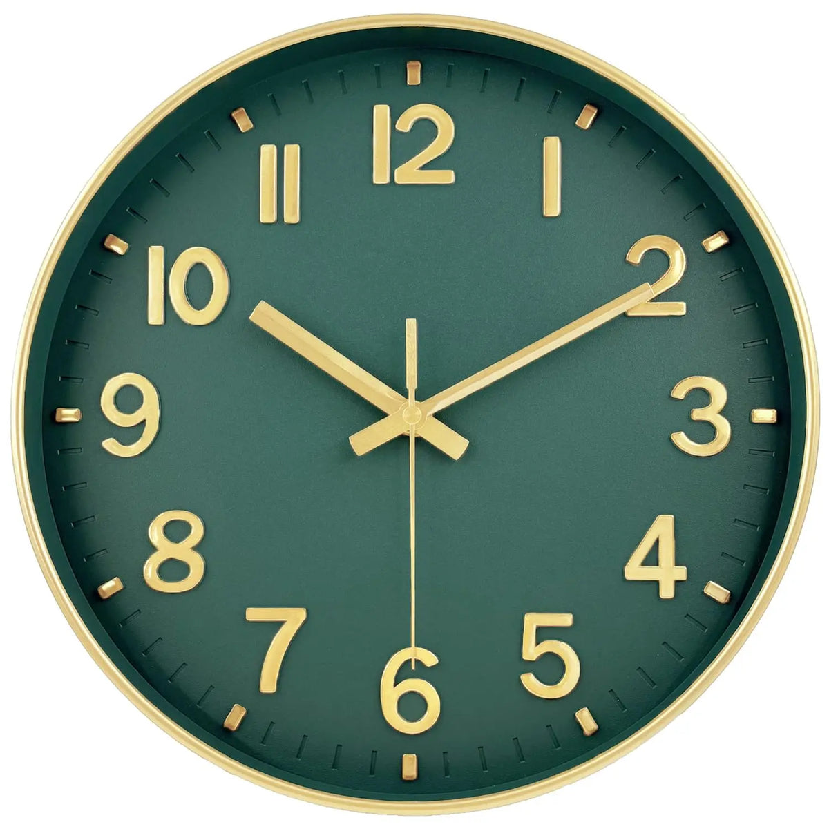 Retro Wall Clock with Raised Numbers, Silent Quartz Clock for Living Room and Kitchen, 25 cm, Emerald Green, Olive Green, Black or White and Gold