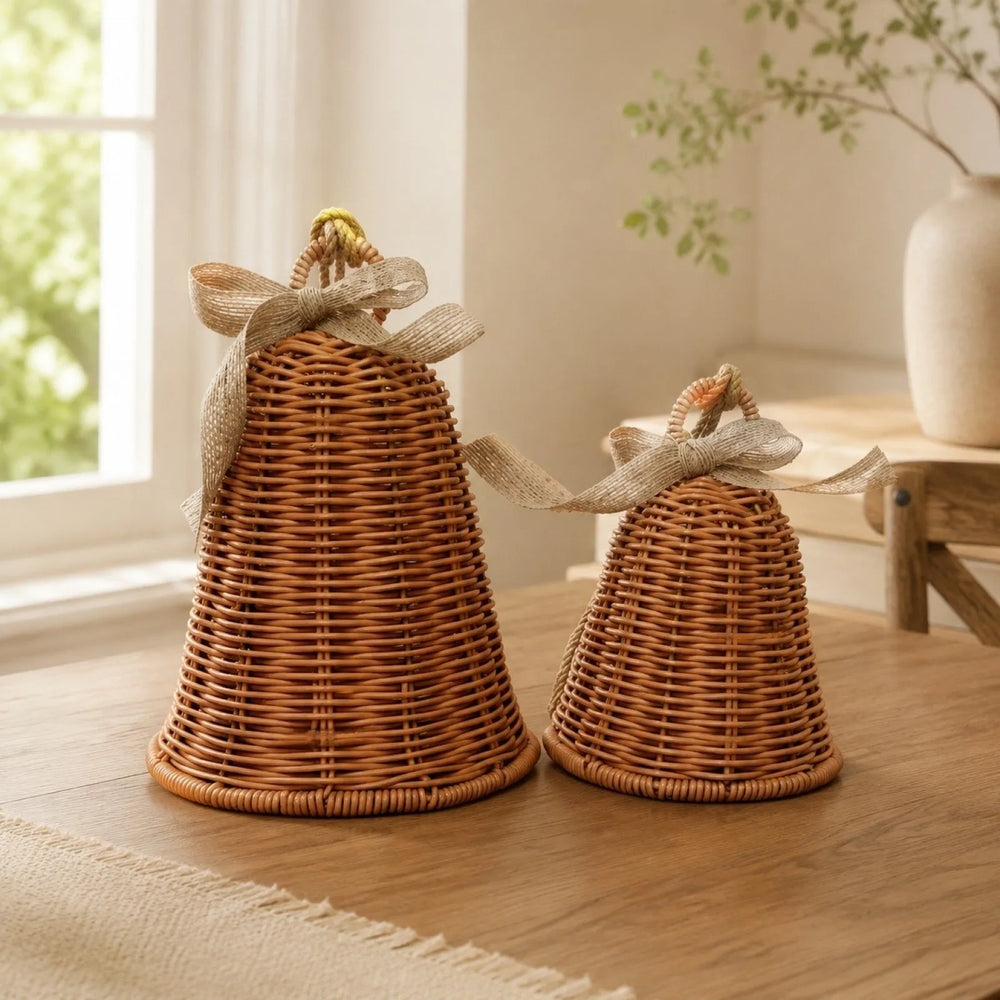 Woven Rattan-Look Christmas Bell, Hanging Ornament for Door, Wall and Christmas Tree, Small or Large