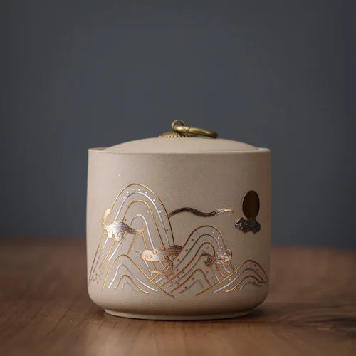 Ceramic Storage Jar with Lid, Canister for Tea, Nuts and Sweets, Brown or Beige, Crane or Wave Pattern