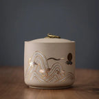Ceramic Storage Jar with Lid, Canister for Tea, Nuts and Sweets, Brown or Beige, Crane or Wave Pattern