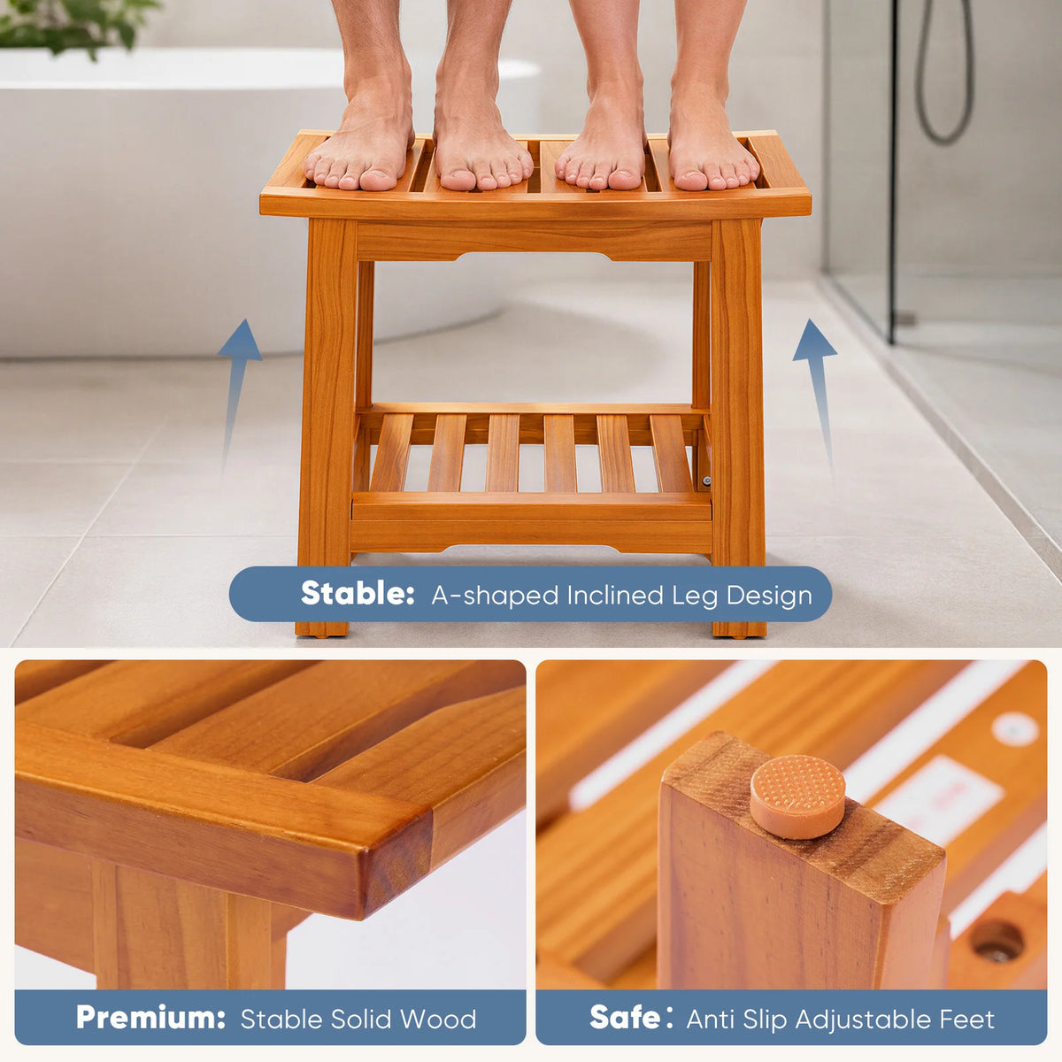 Wooden Shower Stool with Shelf and Side Handles, 18-Inch Bath Bench for Shower and Bathroom