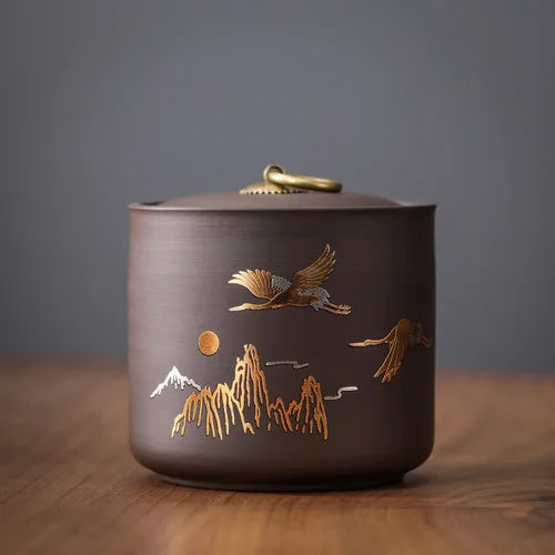 Ceramic Storage Jar with Lid, Canister for Tea, Nuts and Sweets, Brown or Beige, Crane or Wave Pattern