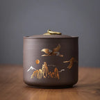 Ceramic Storage Jar with Lid, Canister for Tea, Nuts and Sweets, Brown or Beige, Crane or Wave Pattern
