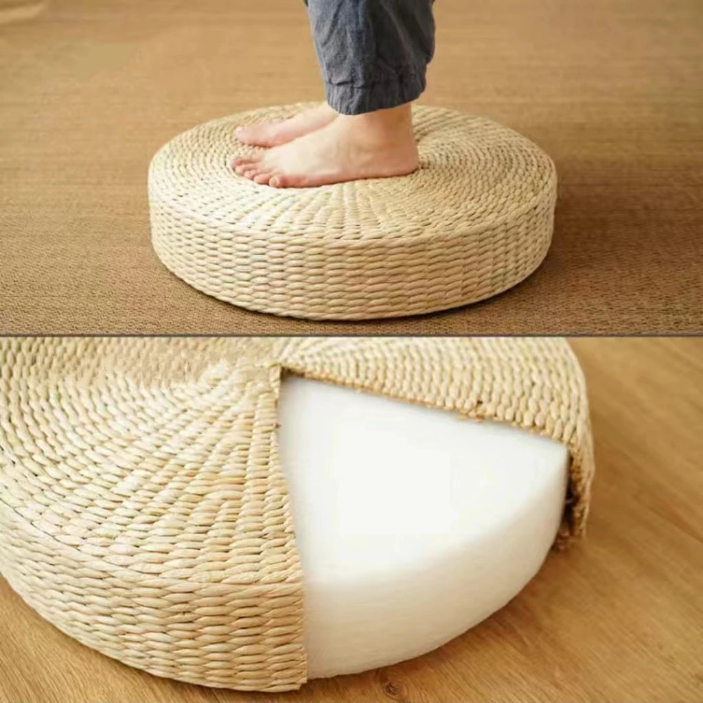 Woven Straw Floor Cushion, 40 cm Round Handmade Seat Pad for Floor, Bench and Meditation