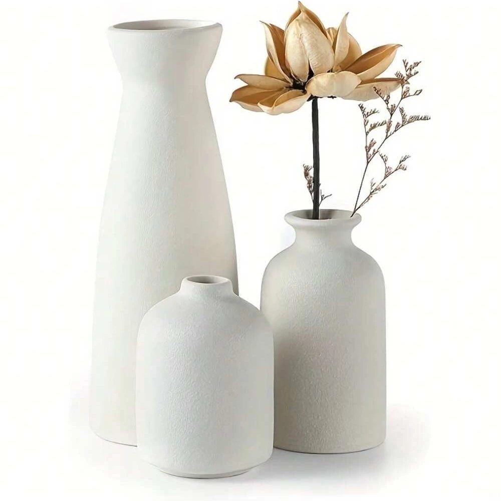Boho Ceramic Vase Set of 3, Farmhouse Vases for Shelf, Mantel and Dining Table, Beige or White