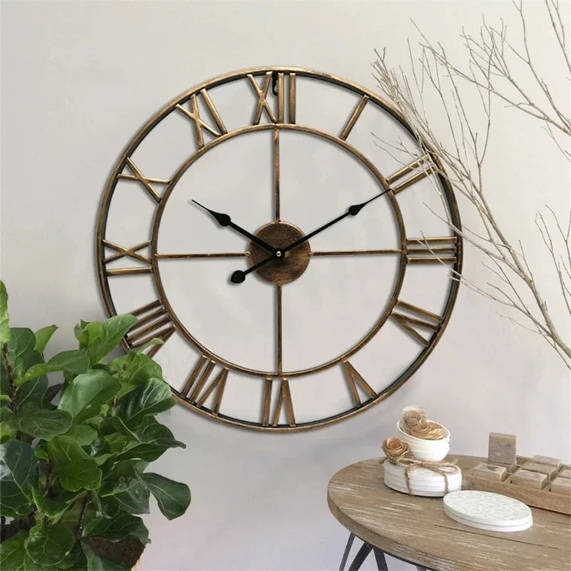 Roman Numeral Metal Wall Clock, 3D Iron Art Silent Clock for Living Room, Bedroom and Office, Retro Gold or Black