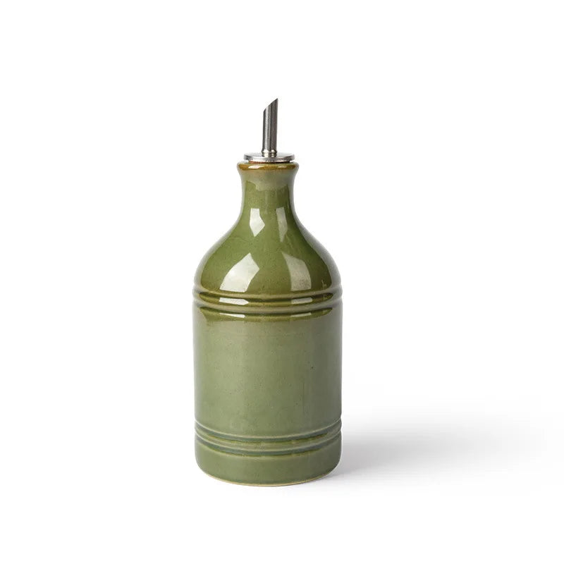 Green Ceramic Olive Oil Bottle with Pour Spout, Retro Glazed Oil Dispenser for Kitchen and Table, Brass or Stainless Steel Spout
