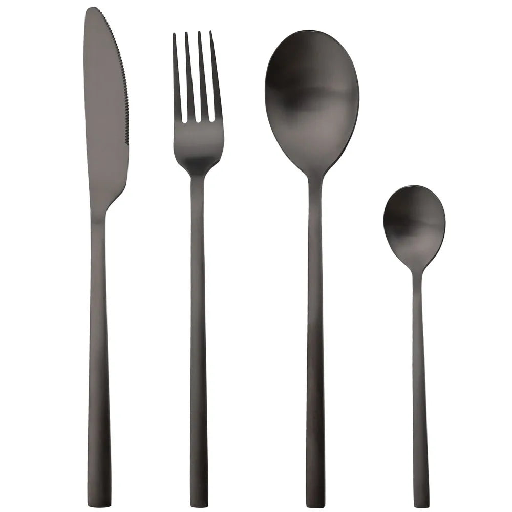 Matte Stainless Steel Cutlery Set of 4, Knife, Fork, Spoon and Teaspoon, Gold, Silver, Black or Rose Gold