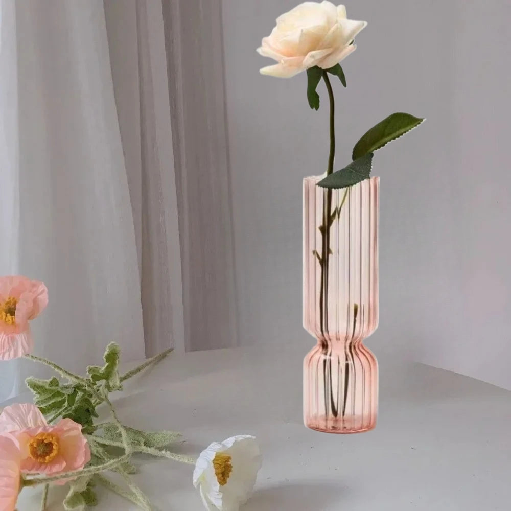 Striped Colored Glass Vase, Retro Bud Vase for Flowers and Hydroponic Plants, Teal, Smoke Grey, Pink or Amber