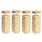 Glass Food Storage Jars with Wood-Tone Lids, Square Kitchen Canisters for Pasta, Grains and Snacks, Set of 2 or 4