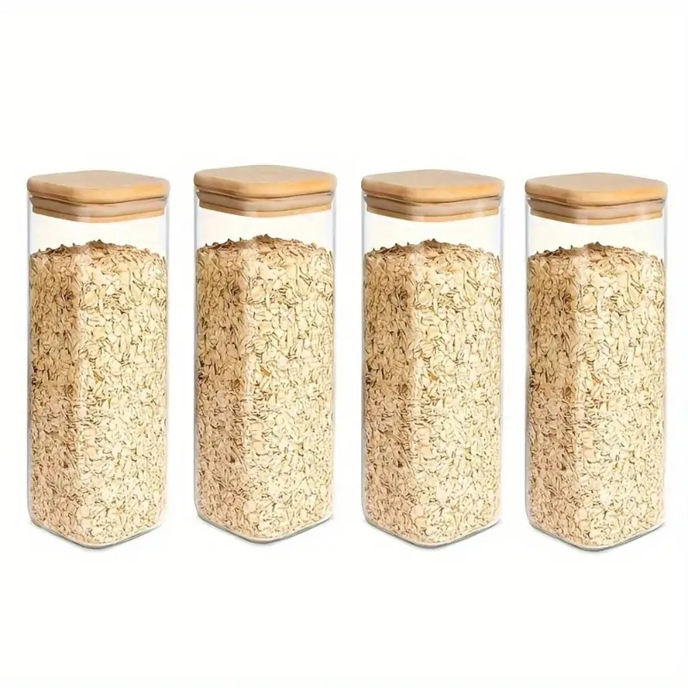 Glass Food Storage Jars with Wood-Tone Lids, Square Kitchen Canisters for Pasta, Grains and Snacks, Set of 2 or 4