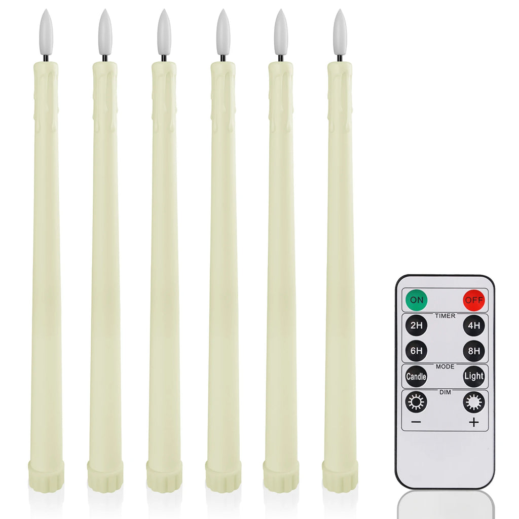 Flameless LED Taper Candles with Remote, Flickering Battery Candlesticks for Christmas Table and Mantel, White or Ivory, Set of 6 or 12