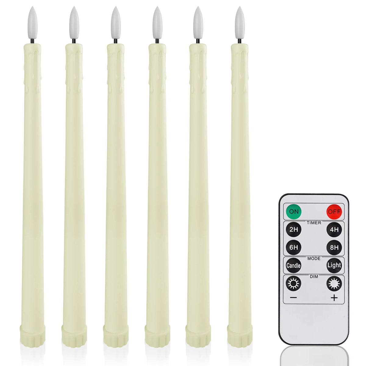 Flameless LED Taper Candles with Remote, Flickering Battery Candlesticks for Christmas Table and Mantel, White or Ivory, Set of 6 or 12