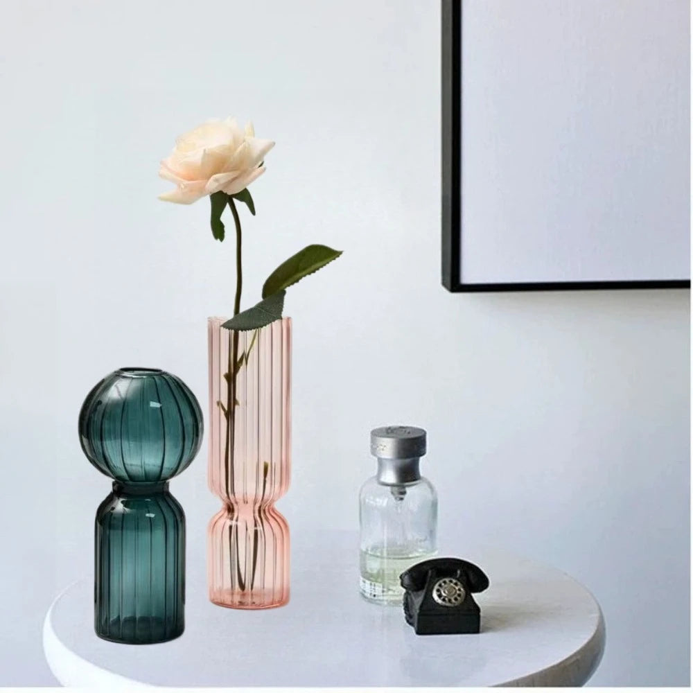 Striped Colored Glass Vase, Retro Bud Vase for Flowers and Hydroponic Plants, Teal, Smoke Grey, Pink or Amber