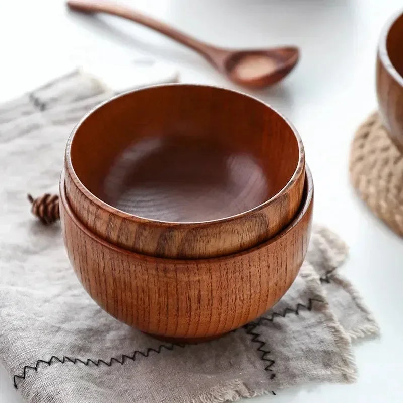 Japanese-Style Wooden Bowl, Round Bowl for Soup, Rice and Salad, Three Sizes