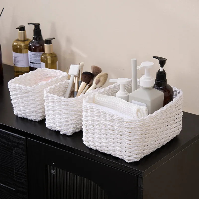 Paper Rope Storage Baskets Set of 3, Soft Woven Rectangular Nesting Bins for Shelves, Desk and Office, White, Black or Wheat